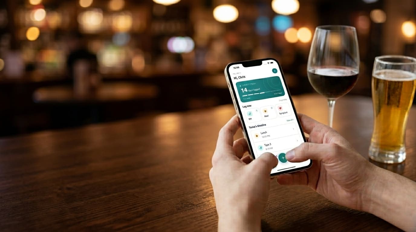 A glass of wine and a glass of beer next to a phone showing the GutSpy diary