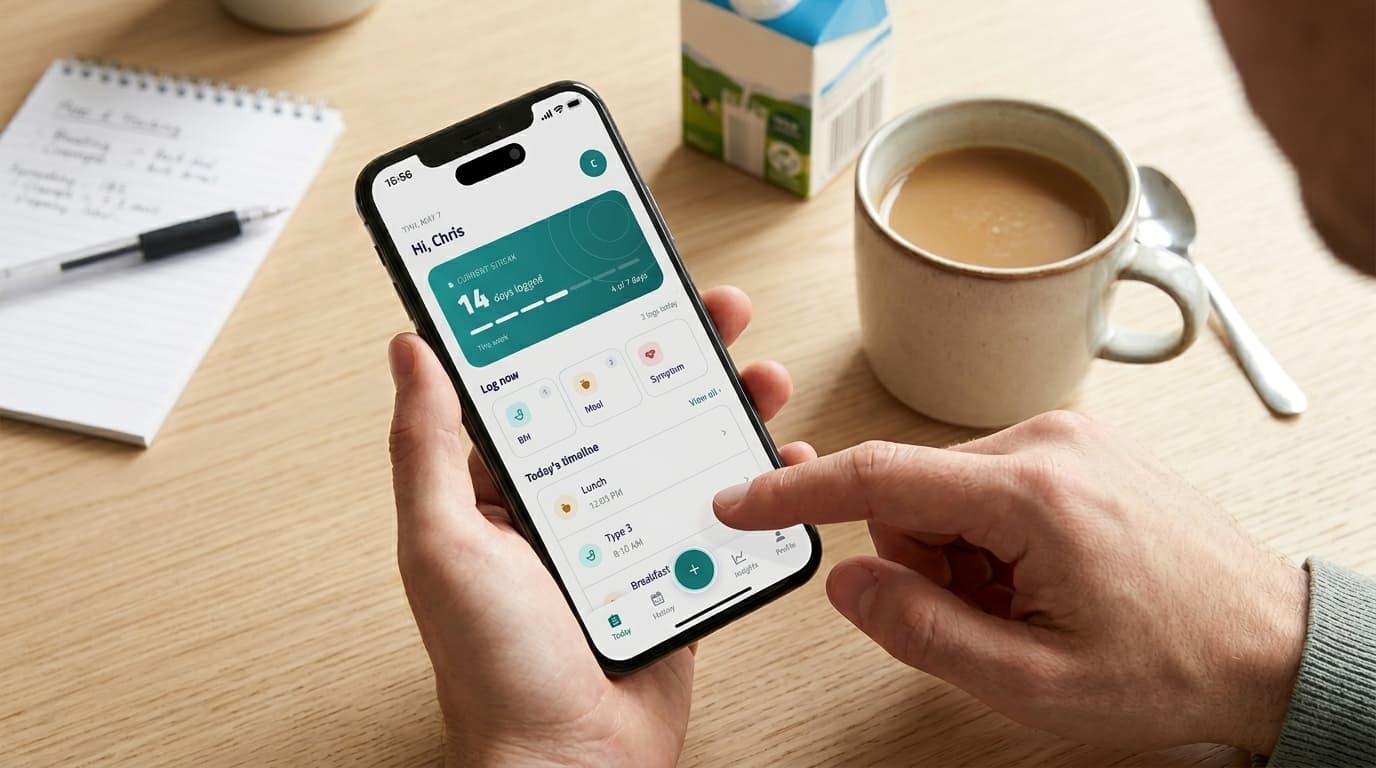 Hand logging a meal in the GutSpy app next to a cup of coffee with milk