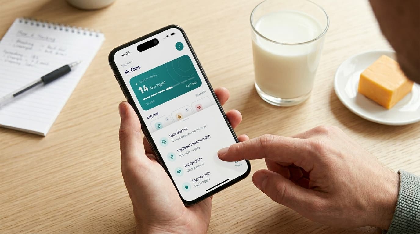 Hand logging a meal in the GutSpy app next to a glass of milk and a piece of cheese