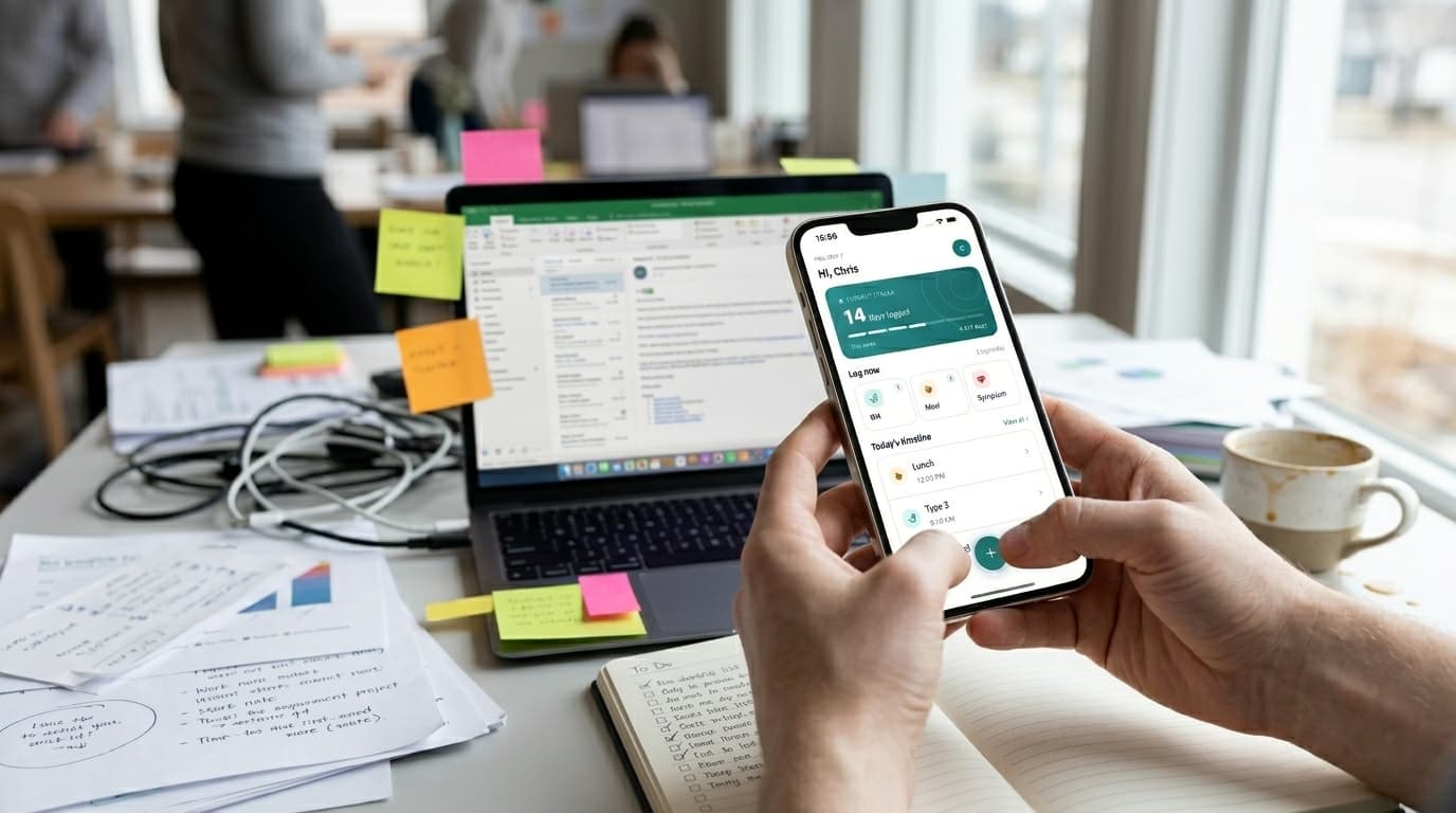 A person looking calm with a phone showing the GutSpy diary tracking stress and symptoms