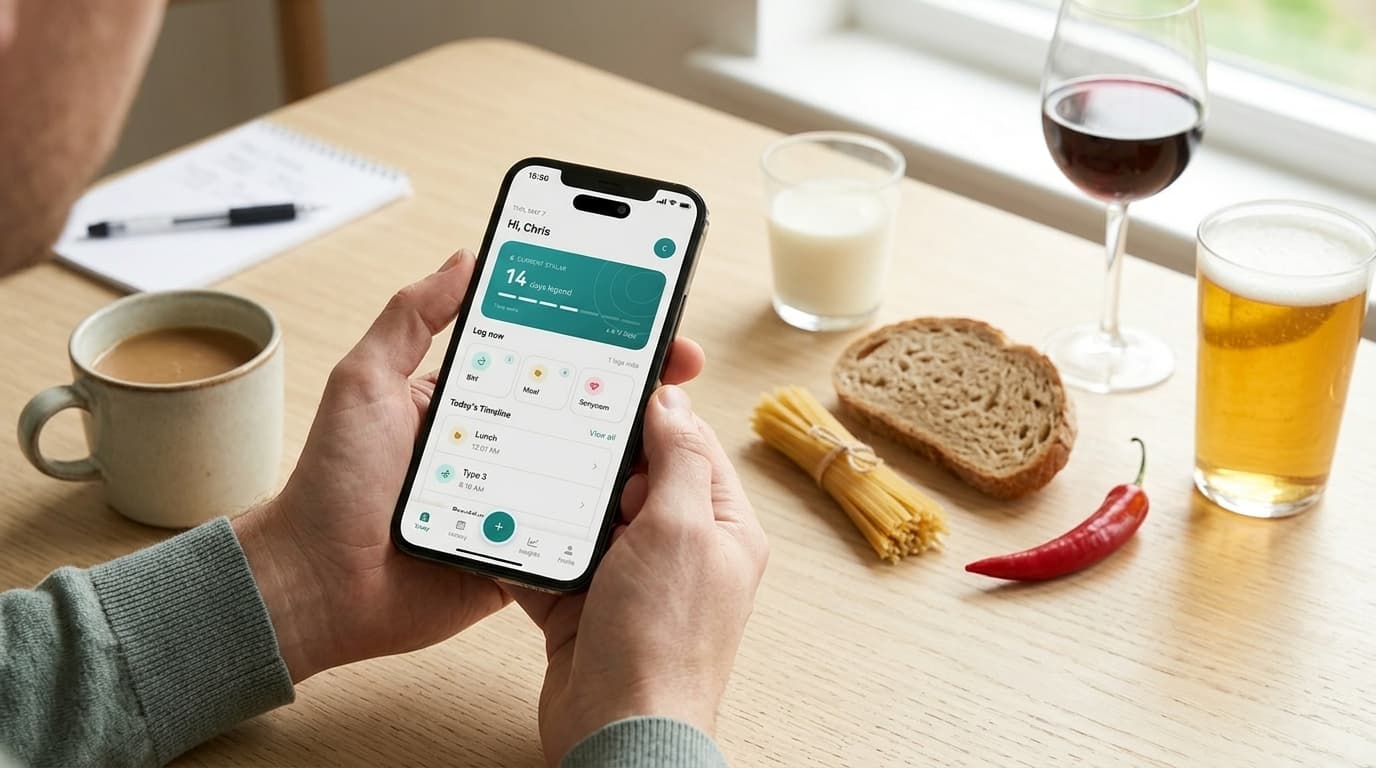 A table of common IBS trigger foods next to a phone showing the GutSpy food diary